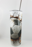 Tumbler Becher Fußball, Schuss durch die Wand, h 20 cm x d 8,5 cm, weiß, grau, braun