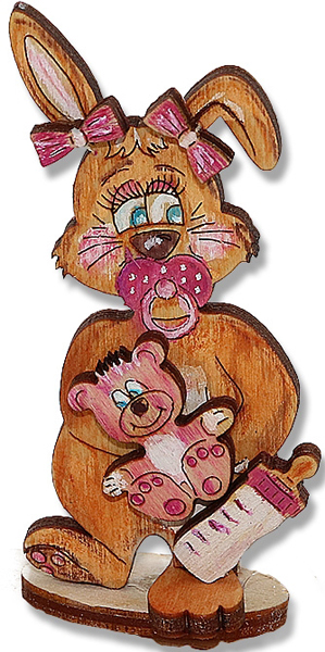 Hasenbaby Mädchen stehend mit Milchflasche/Teddy, rosa, H 7 cm, für Holzkränze