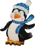 Holz Pinguin mit Tupfen Mütze/Schal und Füßen, flach, H 10 cm, Linksblick, Kranzfigur