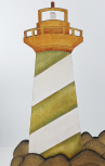 Großer Holz Leuchtturm mit Felsen mit Möwe, weiß grünbraun, H 23 cm, handbemalt