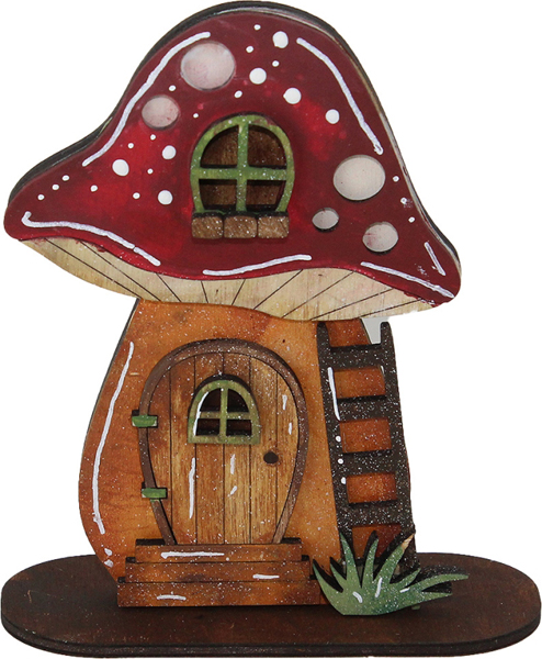 Kleines Pilzhaus mit Leiter, Haustür, Dachfenster, dunkelrot, hellbraun, h 12 cm, handbemalt