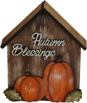 Display Holzhaus mit Kürbissen, Schrift 'Autumn Blessings' (Herbstsegen), h 16,5 cm, handbemalt, braun, orange