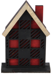 Display Holz Weihnachtshaus mit schwarzem Karomuster, dunkelrot, schwarz, handbemalt, h 13,5 cm