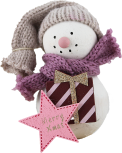 Großer Schneemann mit Geschenk und rosa Stern, Strickmütze, weiß/dunkelrosa, H 10 cm, Kranzfigur