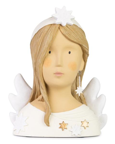 Baden collection Ladykopf Hedi, Engel mit Ohrring, Sternen, langen Haaren, H 31 cm, weiß, Gipsbüste, Dekoaufsteller