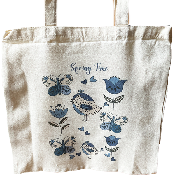 Stofftasche / Einkaufstasche Folk blau, Frühlingsblumen, Vogel, Schmetterling, cremeweiß/ blau, 35 x 38,5cm