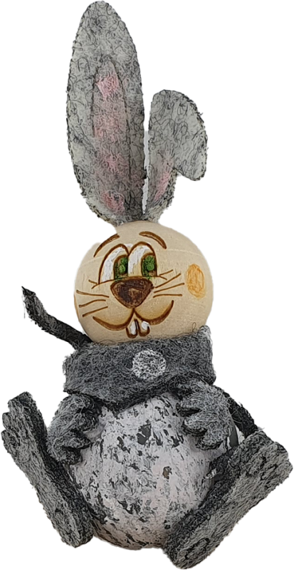 Wooden figure of Easter bunny sitting with felt ears, light gray, felt paws, H 7.5 cm, for wooden wreaths