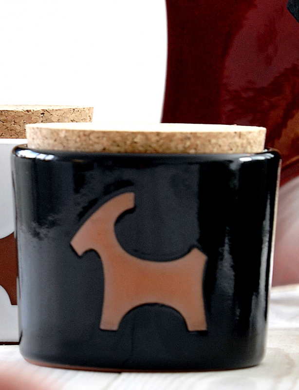 Rotor Keramikdose mit Korkdeckel, Motiv Ziegenbock, schwarz