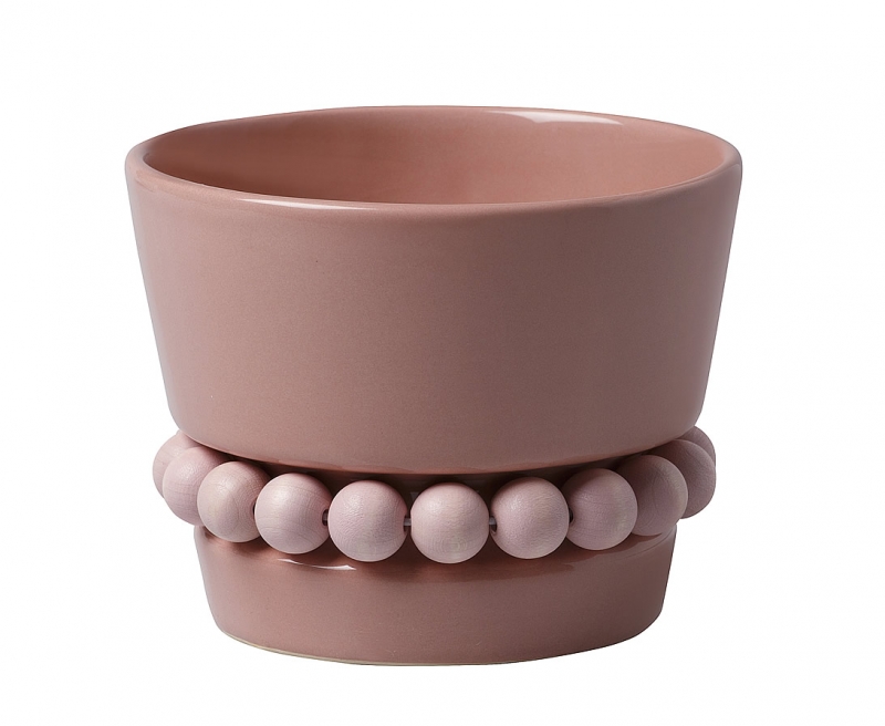 Aarikka kleiner Keramiktopf / Blumentopf mit Holzkugelkette, rosa, 8,5 cm, Ø 11 cm.
