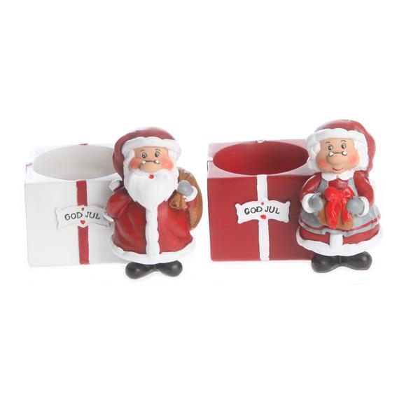 2 dänisches Kerzenhalter für große Kerzen (D 6 cm) Weihnachtsmann u. Frau, H 6cm, B 7cm, rot, weiß
