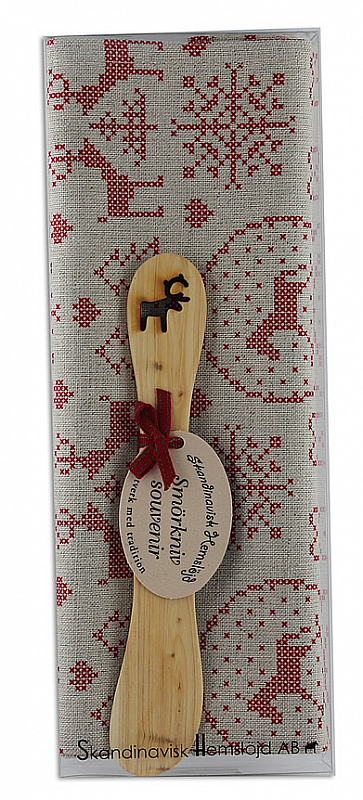 Present set  X-mas embroidery laser cut butterknife, Kitchen towel beige/red
