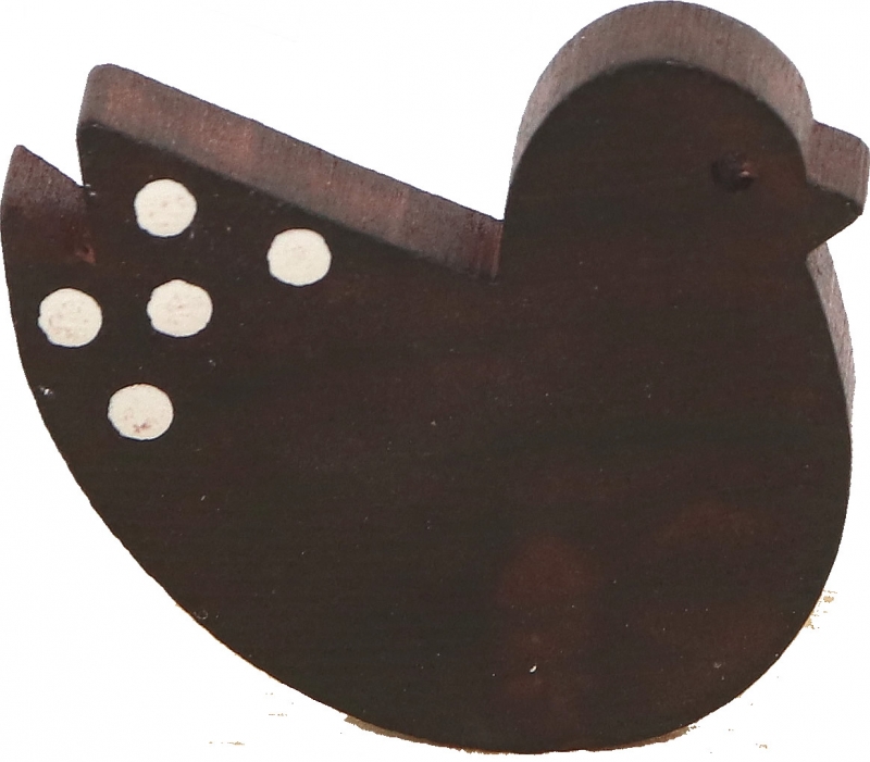 1 small wooden bird with dots, dark brown