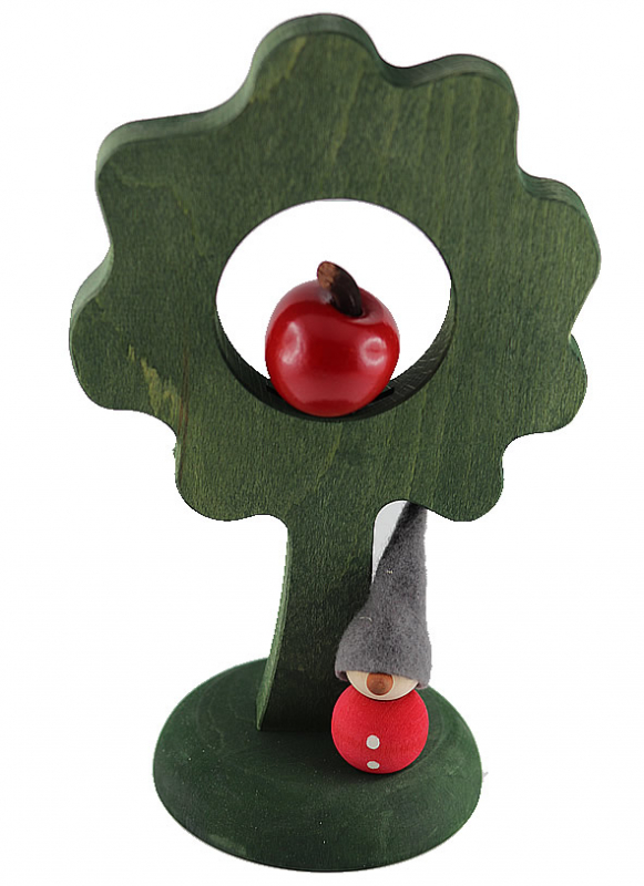 Sebastian design big wood tree dark green with apple/gnome, h 25 cm