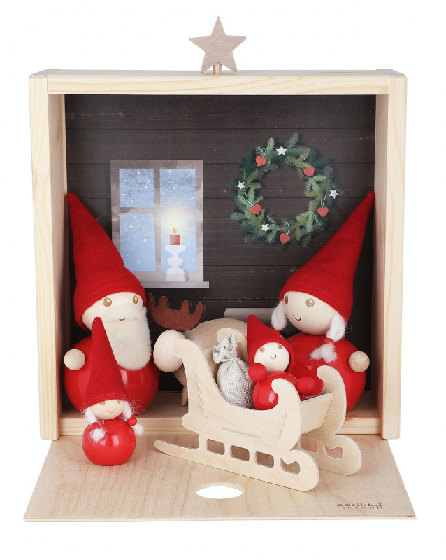 Aarikka Elfen Haus mit Weihnachtstonttus und Schlitten