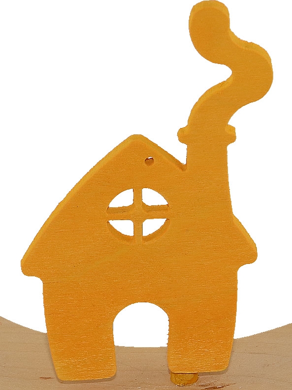 Sebastian design Haus mit rauchendem Schornstein gelb, H 9 cm, für Holzkränze