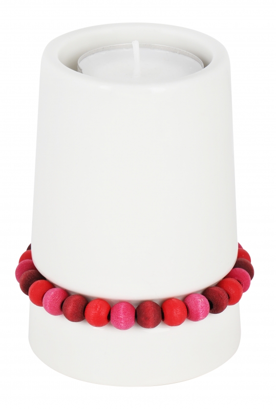 Aarikka Nuppu Kerzenhalter weiß mit Holzperlenkette rot, für Teelichthalter u. Kerzen, h 9,5 cm