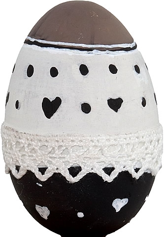 1 wooden Easter egg d.brown/white/brown with white hearts for candlerings, h 6 cm