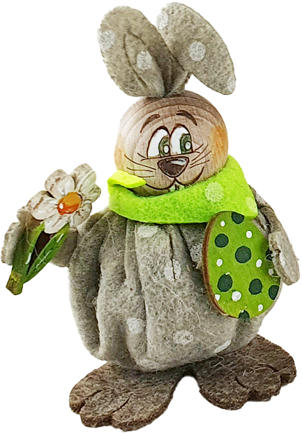 Wooden hare with flower/Easter egg, grey with dots, h 9,5 cm