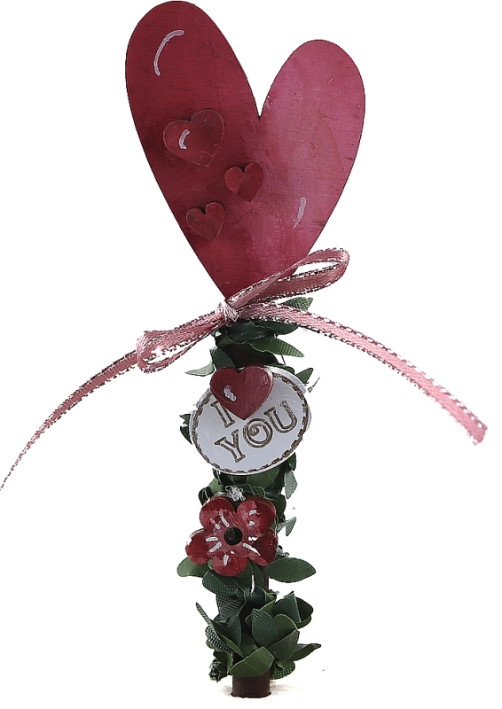 V-Herz rosa/dunkelrot auf Holzstab mit Efeu, dekoriert, Höhe 12 cm