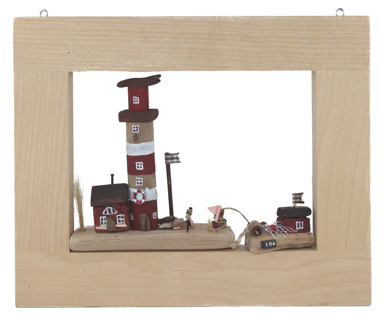 Wooden frame with driftwood Coastal landscape Lighthouse, fishing trawler, dark red, handmade