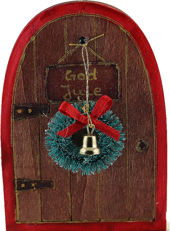 Wichteltür rot/braun mit Weihnachtskranz, für Holzkränze, H 10 cm