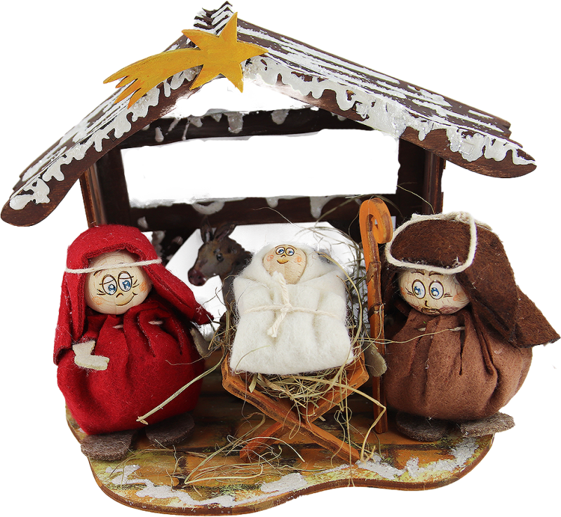 Weihnachtskrippe mit Maria, Josef, Jesuskind und Esel, handbemalt