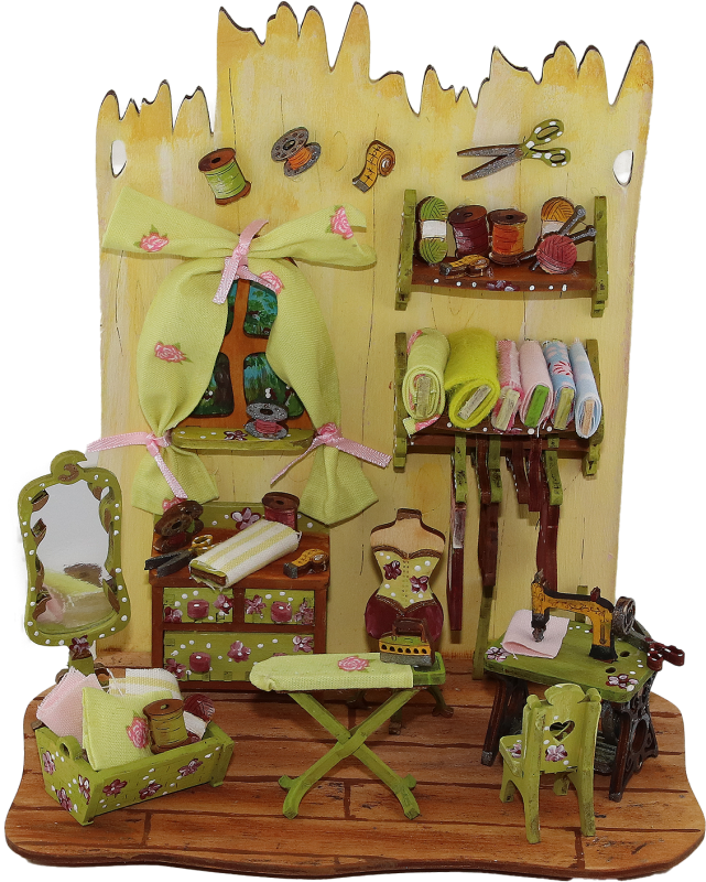 Miniature sewing room with sewing machine, ironing board, sewing utensils, light green, pink, for standing or hanging, hand-painted