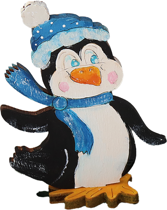 Holz Pinguin mit Tupfen Mütze/Schal und Füßen, flach, H 10 cm, Rechtsblick,Kranzfigur