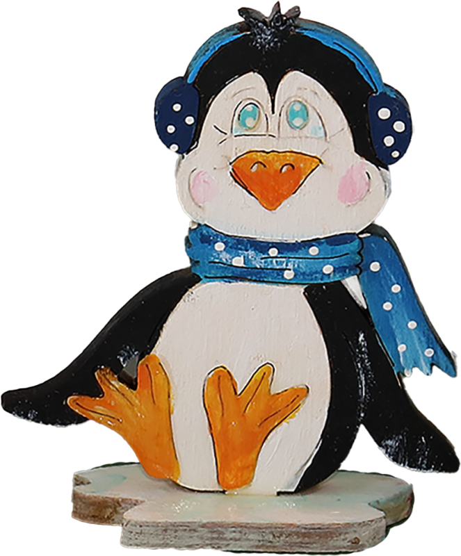 Holz Pinguin mit Ohrwärmern auf Eisscholle, flach, H 8,5 cm, Kranzfigur