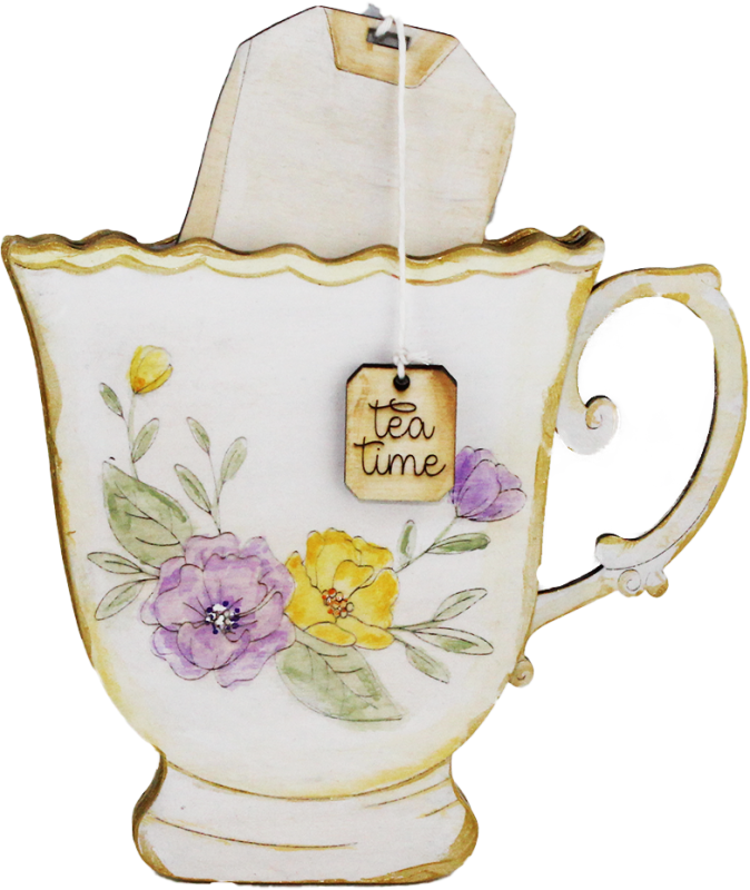 Holz Gutscheinhalter Teetasse mit Teebeutel hoch, Blumenmuster, Goldrand, h 10,5 cm, handbemalt