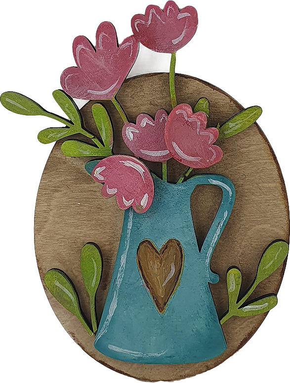 Rundes Holzschild zum Muttertag Krug mit Blumen, handbemalt, 10x8 cm, hellbraun, beige, grün, rosa