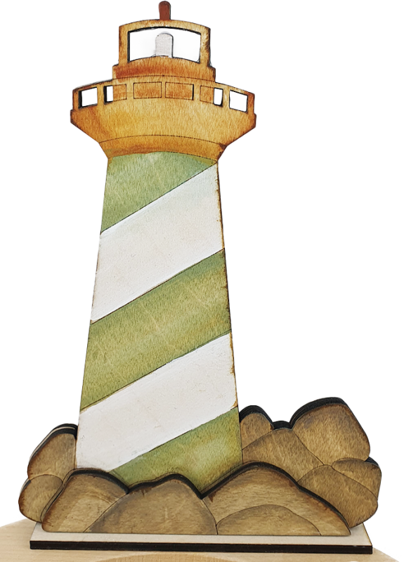 wooden lighthouse with rocks and seagull, white green-brown, H 13 cm, hand-painted, for candlerings