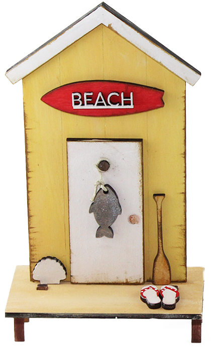 Großes Strandhaus mit Surfbrett, Fisch, Flip Flops, gelb, H 16 cm, handbemalt