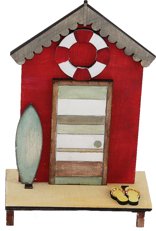 Large red beach house with surfboard, fish, flip flops, H 16 cm, hand-painted