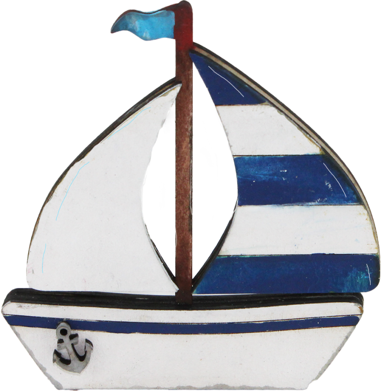 Wooden sailing boat with anchor, white/blue, h 9.5 cm, for wooden wreaths