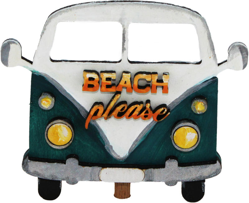 Alter VW-Bus Front mit Schriftzug Beach please, weiß/türkis, h 8 cm, handbemalt, Kranzfigur