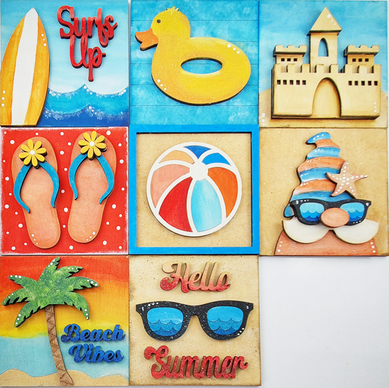 Large wooden pictures summer, several motifs to choose from, 10.7 x 10.7 cm