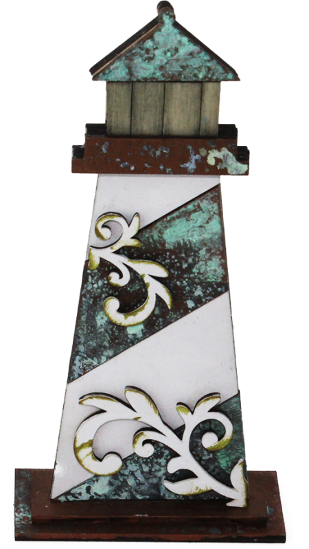 patinierter Holz-Leuchtturm mit weißen Ornamenten, weiß, kupfer, grün, h 15 cm, zum Stellen