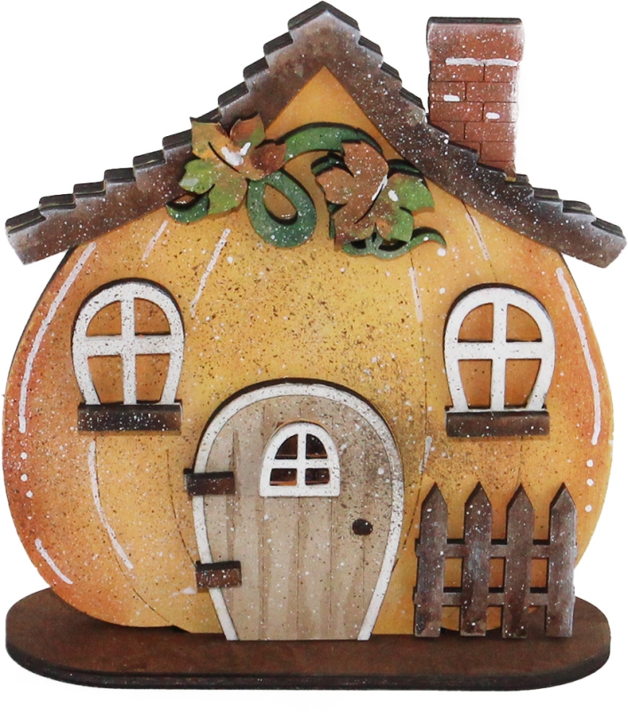 Small wooden pumpkin house with roof, chimney, orange, h 11 cm, handmade