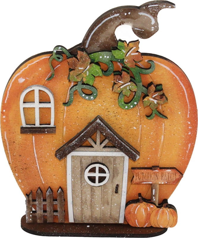 Kleines Holz Kürbis Haus mit mit Schild,Zaun, orange, h 15,5 cm, Handarbeit