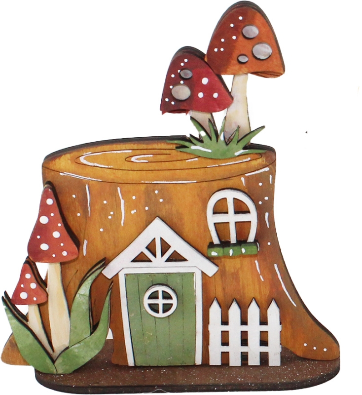 Kleines Baumstumpfhaus mit Pilzen, Zaun, Haustür, braun, rot, h 12 cm, Handarbeit