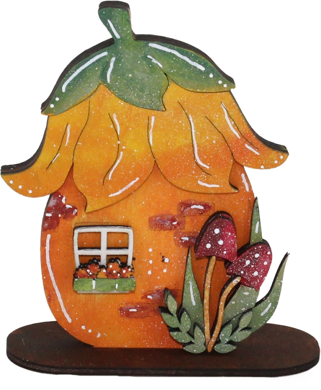 Small flower house with mushrooms, flower window, orange, green, red, h 10.5 cm, hand-painted