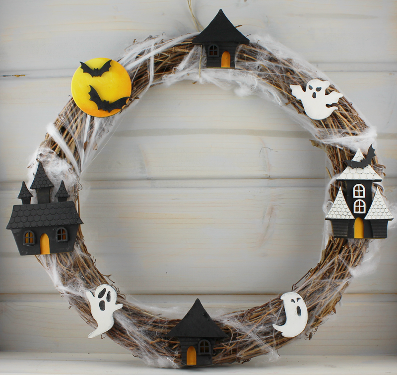 Reisigkranz mit Halloween Motiven, Spukhaus, Gespenst, Fledermaus, Mond, d 30 cm