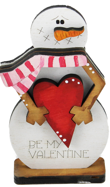 Wooden snowman with heart BE MY VALENTINE, hand-painted, h 11,5 cm