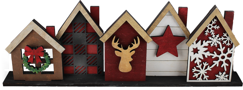 Display Holz Weihnachtshäuser, dunkelrot, weiß, braun, handbemalt, l 41 cm, b 4,5 cm, h 14 cm