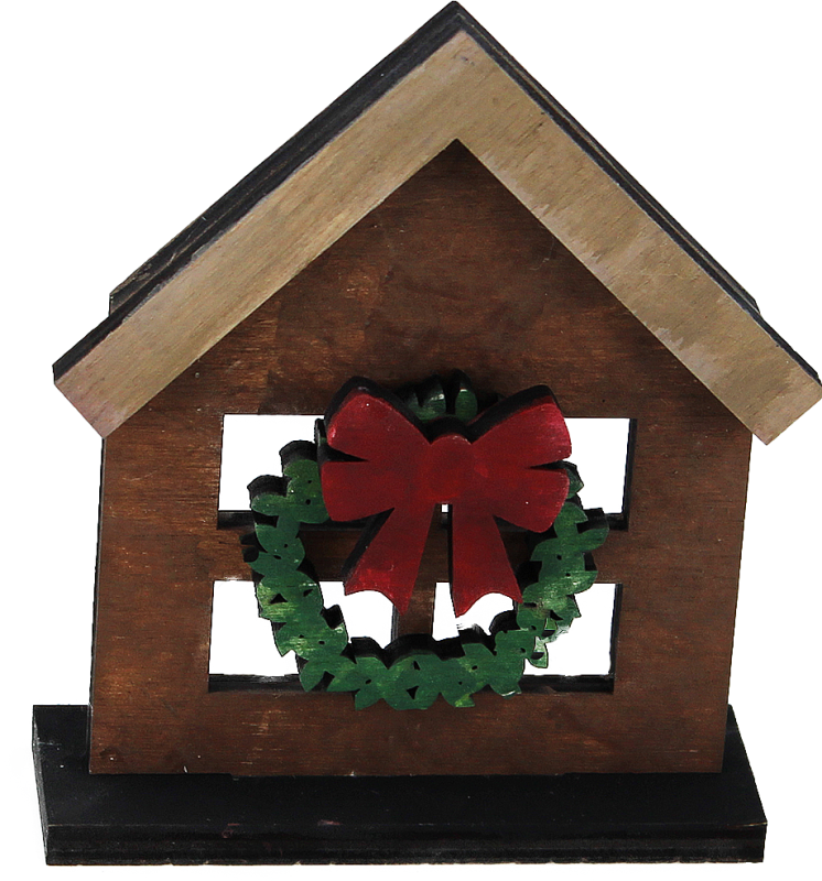 Display Holz Weihnachtshaus mit Kranz, dunkelrot, grün, braun, handbemalt, h 10,5 cm