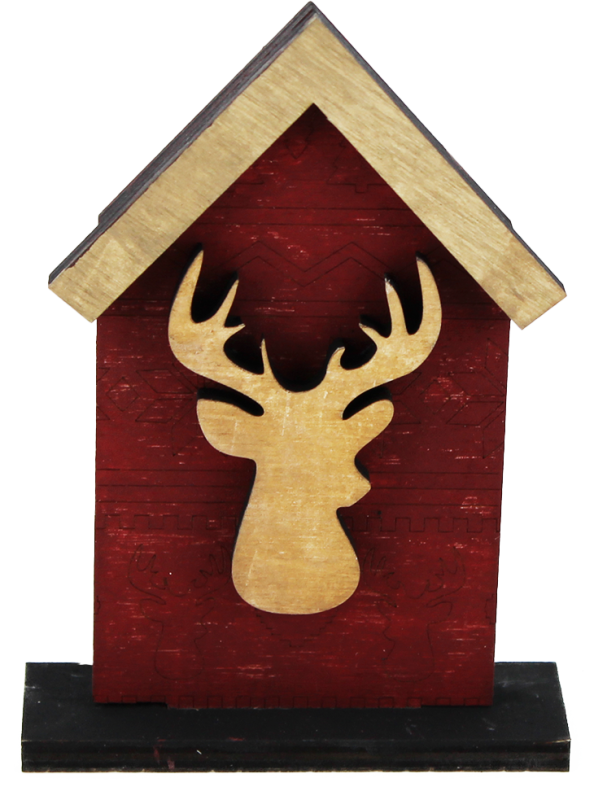 Display Holz Weihnachtshaus mit Elchkopf, hellbraun, dunkelrot, handbemalt, h 12,5 cm