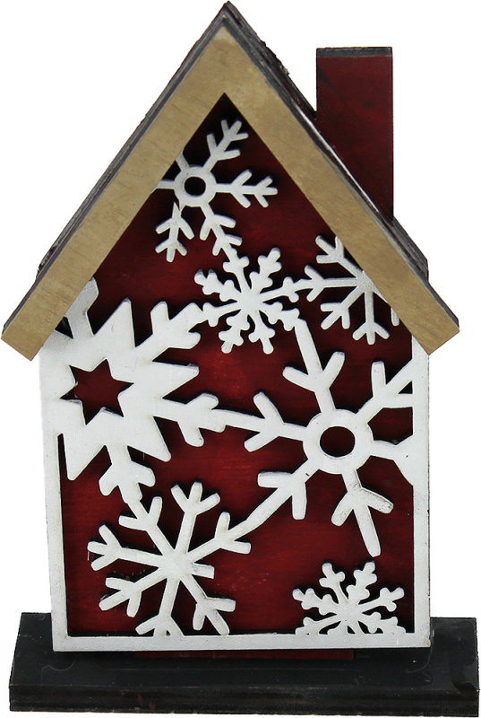 Display Holz Weihnachtshaus dunkelrot mit weißem Schneeflockenmuster, handbemalt, h 13,5 cm