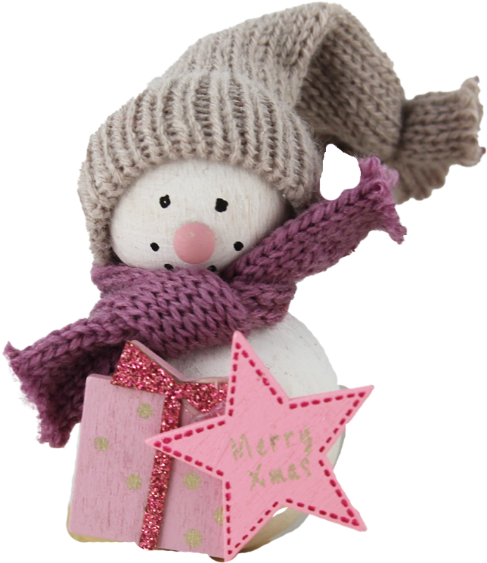 Großer Schneemann mit Geschenk und rosa Stern, Strickmütze, weiß/rosa, H 10 cm, Kranzfigur