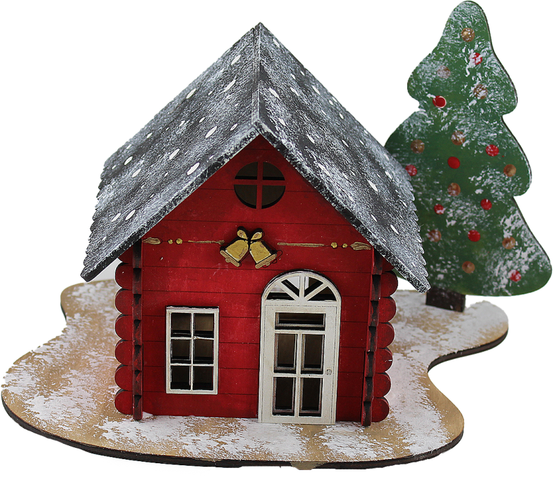 Skandinavisches  Weihnachtsdorf - Holzhaus rot/schwarz,  mit Tanne, h 11 cm, handbemalt, Beleuchtung möglich